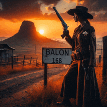 a woman holding a gun stands in front of a sign that says balon 168