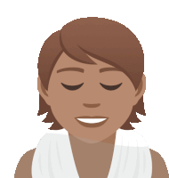 a woman with her eyes closed has a white towel around her neck