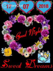 a heart shaped wreath of flowers says good night sweat dreams