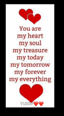 a poster that says you are my heart my soul my treasure my today my tomorrow my forever my everything .