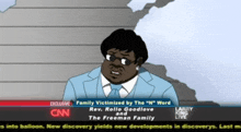 a cartoon of a man in a suit talking about a family victimized by the " n " word