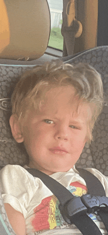 a young boy is sitting in a car seat with a grinnell logo on the side