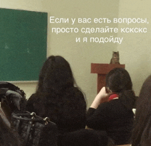 a cat sits on a podium in a classroom with russian text