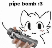 a drawing of a cat holding a pipe bomb with the words pipe bomb : 3 below it .