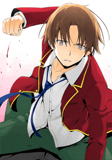 a boy in a red jacket and blue tie is holding his fist up