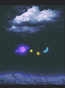 a purple planet with a yellow star and a blue moon hanging from clouds