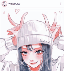 a drawing of a girl wearing a white beanie with the name kukimku written on it