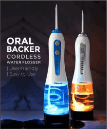 two oral backer cordless water flossers sitting on a counter