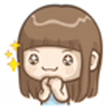 a cartoon girl with brown hair is smiling and holding her hands to her mouth .