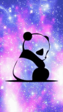 a silhouette of a panda bear sitting on a purple and pink galaxy background .