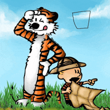 a cartoon of calvin and hobbes standing in the grass with a blue sky