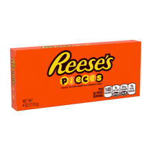 a box of reese 's pieces peanut butter candy with a crunchy shell