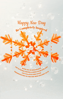 a happy new day card with orange snowflakes on it