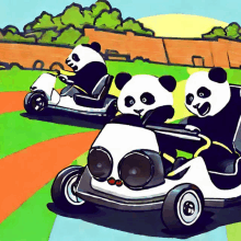 a painting of three panda bears driving go karts