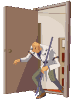 a pixel art drawing of a man holding a stick standing in an open doorway