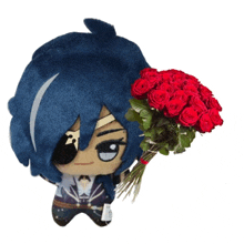 a stuffed toy with blue hair holding a bouquet of red roses