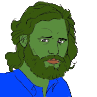 a drawing of a man with green hair and a beard wearing a blue shirt