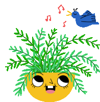 a cartoon of a plant with a face and a bird singing