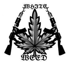 a marijuana leaf is surrounded by two guns and the word weed is below it