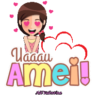 a cartoon girl with hearts in her eyes and the words uaaau amei