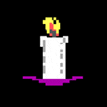 a pixel art of a white candle with a yellow flame .