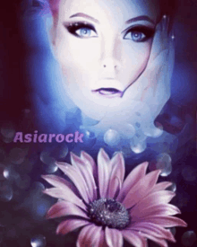 a painting of a woman 's face and a flower with the name asiarock on it