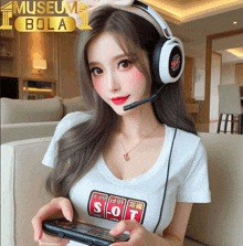 a woman wearing headphones and a shirt with slot on it