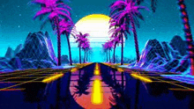 a computer generated image of a futuristic landscape with palm trees and a sunset in the background .