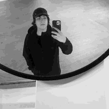 a black and white photo of a man taking a selfie in a mirror .