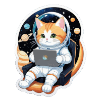 a sticker of a cat in an astronaut costume holding a laptop