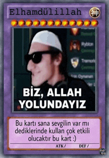 a card with a picture of a man and the words biz allah yolundayiz on it