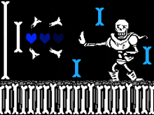 a pixel art of a skeleton standing in front of a row of bones .