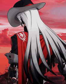 a man with long white hair wearing a red cape and cowboy hat