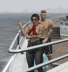 a man and a woman are standing on a boat and the man has a tattoo on his arm that says " i love you "