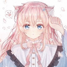 a girl with long pink hair and cat ears is holding her hand to her forehead .