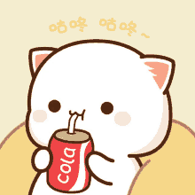 a cartoon cat is drinking a can of cola with a straw