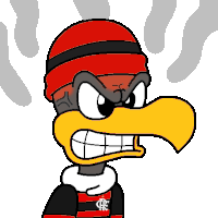 a cartoon character with an angry look on his face wearing a red beanie