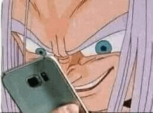 a cartoon character is holding a cell phone in his hand .