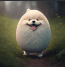 a dog that looks like an egg is standing in a field