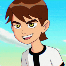 a cartoon character with brown hair and green eyes smiles