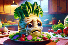 a cartoon vegetable with a sad face is crying on a plate of vegetables