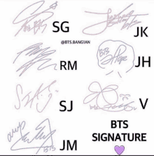 a collage of bts signatures including sg rm sj jm jk and v