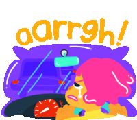 a cartoon drawing of a girl in a car with the words aarrgh written above her