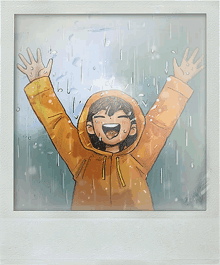 a cartoon drawing of a child in a yellow raincoat with his arms in the air