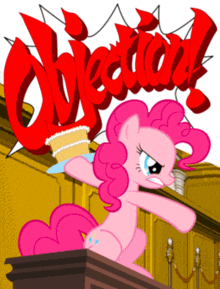 a pink pony stands on a podium with the word objection above her