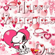 a picture of snoopy hugging a pink heart that says happy valentines