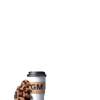 a leopard print hand holds a cup of coffee that says gm on it