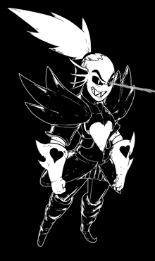 a black and white drawing of a cartoon character holding a sword and a heart .