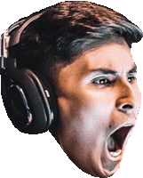 a man wearing headphones with his mouth open screaming