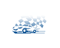 a blue and white checkered flag is behind a race car